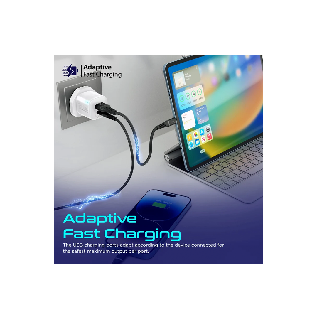 Promate PowerPort-25AC Ultra-Fast Dual Port AC Charger with 25W Power Delivery and QC 3.0 - White in Qatar Promate PowerPort-25AC Ultra-Fast Dual Port AC Charger with 25W Power Delivery and QC 3.0 - White in Qatar
